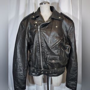 Wilson's Moto Leather Coat, Men, Black Bomber, Silver Zip Collar, Zip Pockets, L